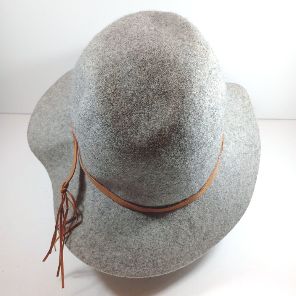 Womens Gray Wool Wide Brim Floppy Hat One Size Felt Boho Braided Band Tassel - Picture 4 of 7